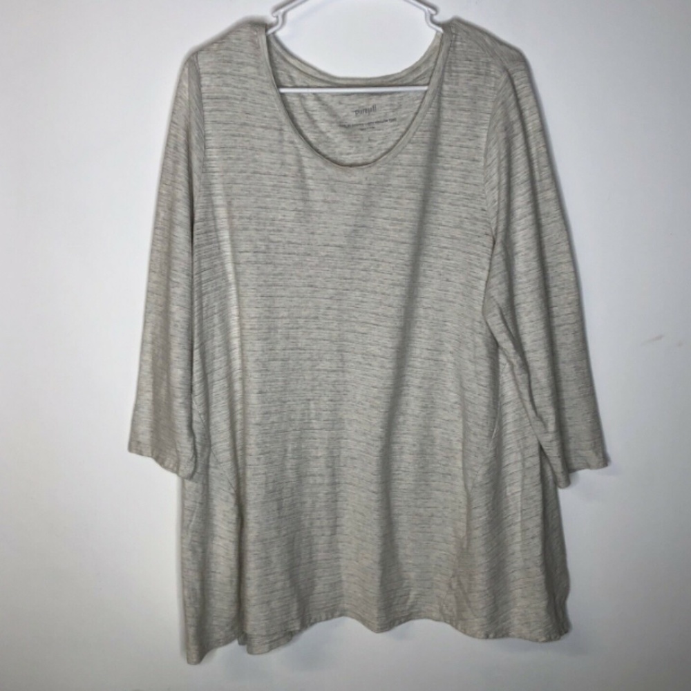 Pure J Jill Striped V Neck High Low Tunic Shirt Size L Gray 3/4 Sleeve